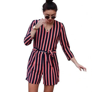 BANANA REPUBLIC | Women’s Stripped Belted 3/4 Sleeves Romper Shorts Size 14